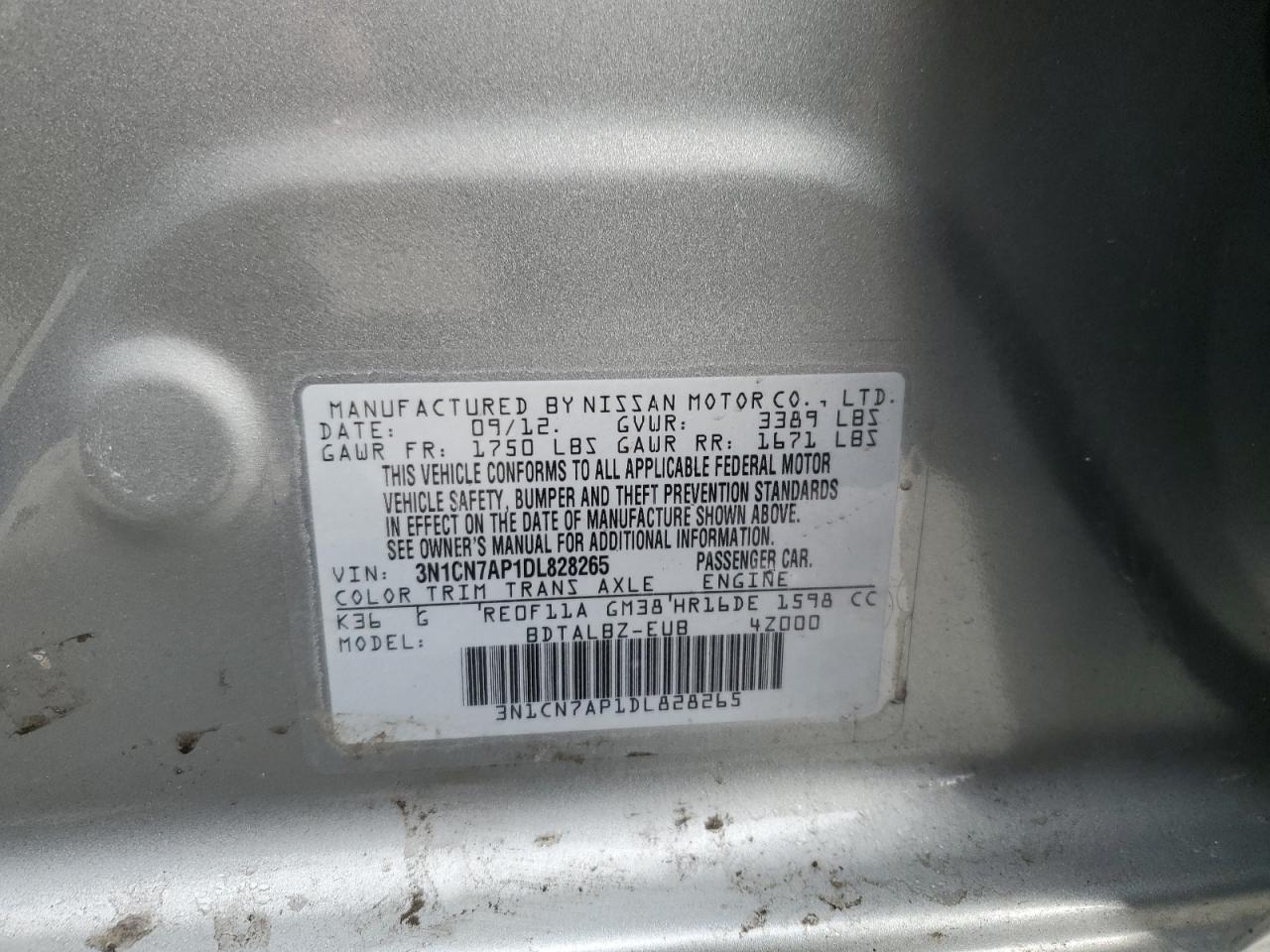 2013 Nissan Versa VIN 3N1CN7AP1DL828265 Copart auction photo, rear end damage thumbnail 12