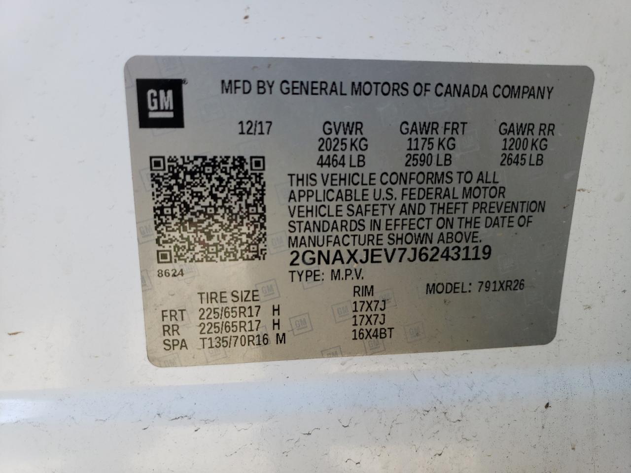 2018 Chevrolet Equinox VIN 2GNAXJEV7J6243119 Copart auction photo, front end / minor dent/scratches damage thumbnail 15