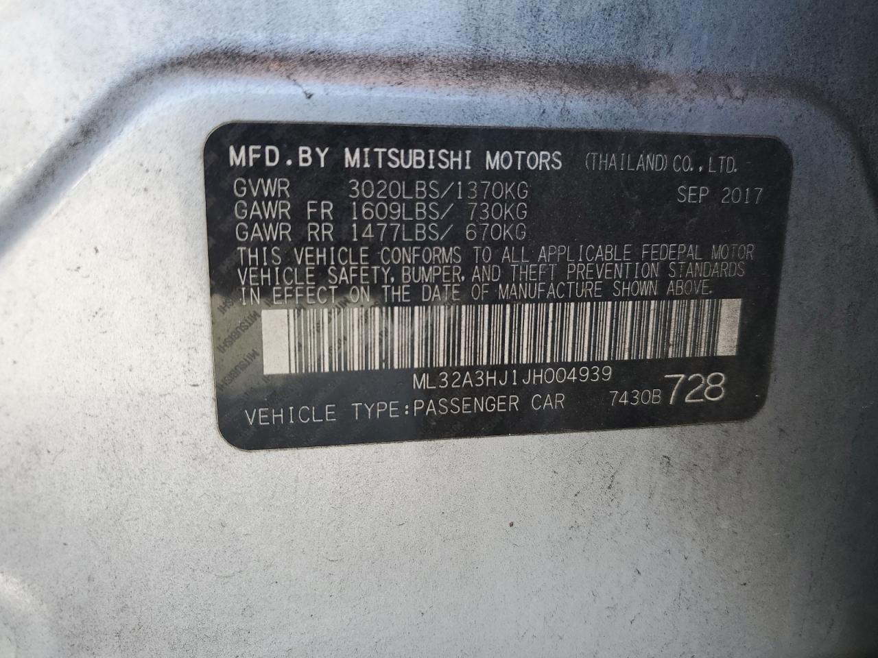 2018 Mitsubishi Mirage VIN ML32A3HJ1JH004939 Copart auction photo, side damage thumbnail 12