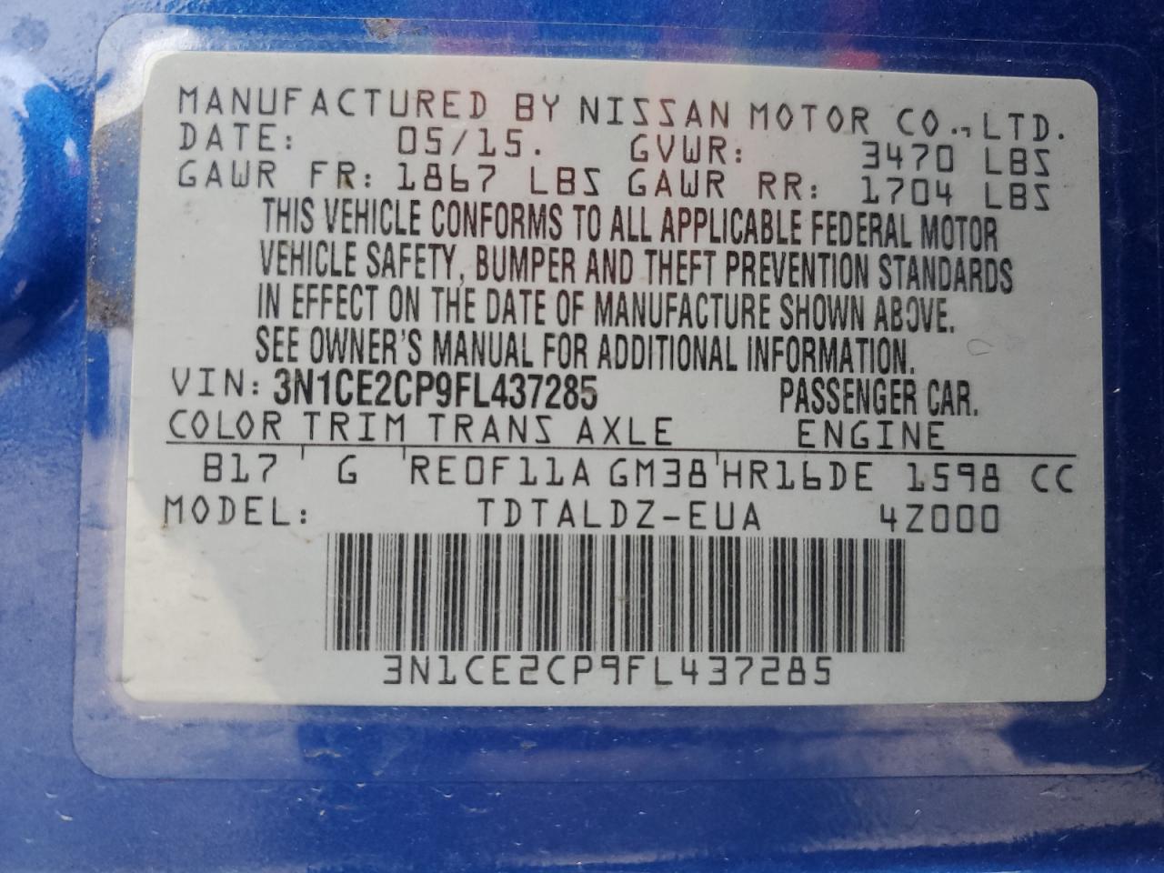 2015 Nissan Versa VIN 3N1CE2CP9FL437285 Copart auction photo, vandalism / minor dent/scratches damage thumbnail 13