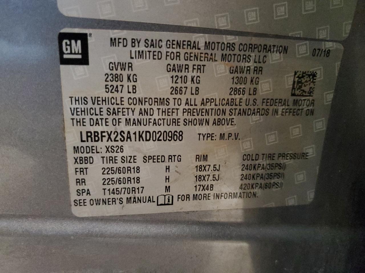 2019 Buick Envision VIN LRBFX2SA1KD020968 Copart auction photo, front end damage thumbnail 13