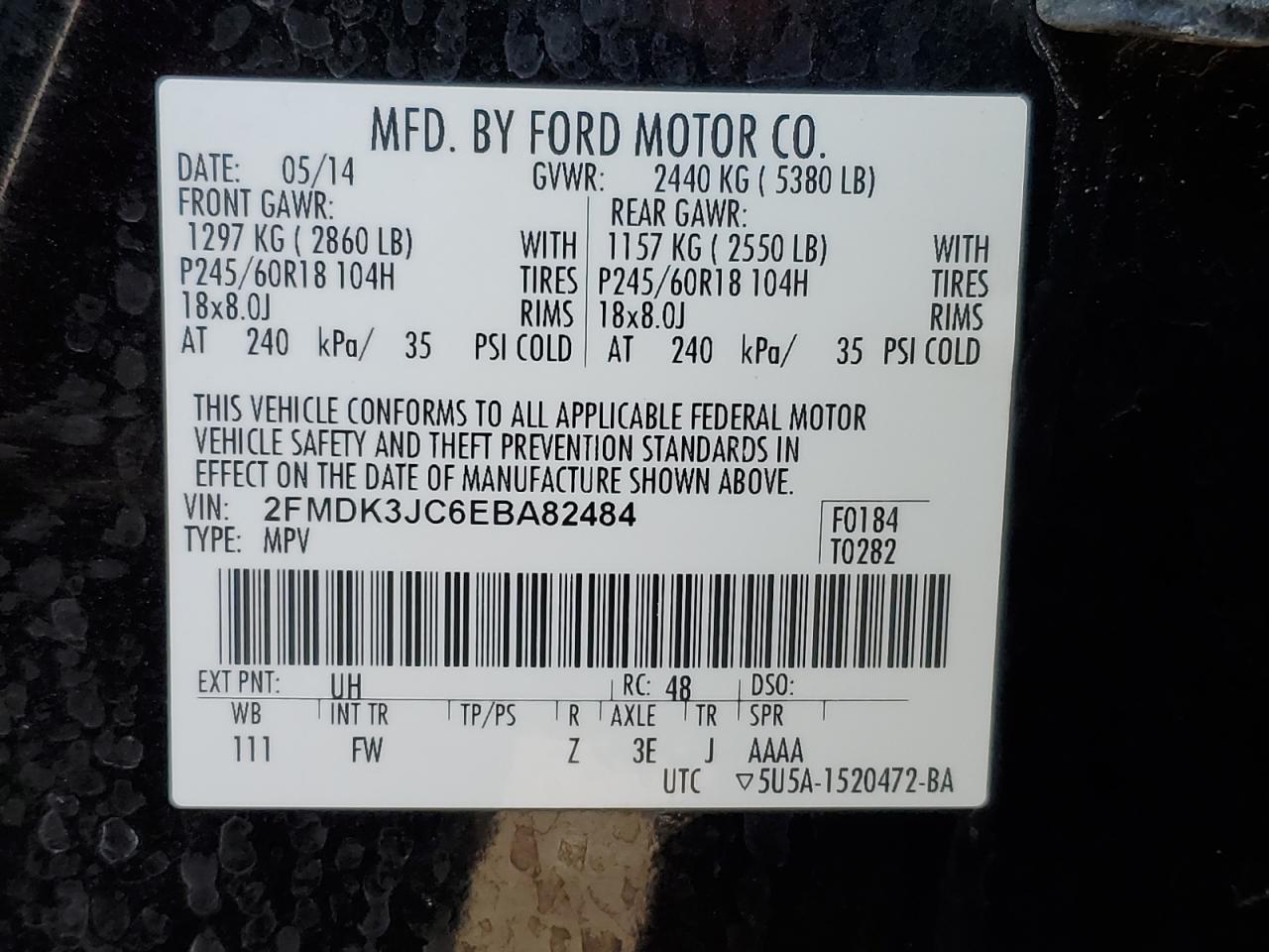 2014 Ford Edge VIN 2FMDK3JC6EBA82484 Copart auction photo, front end / minor dent/scratches damage thumbnail 13