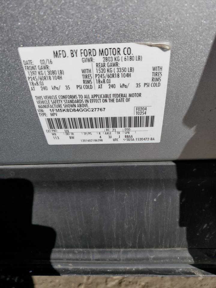 2016 Ford Explorer VIN 1FM5K8D84GGC27767 Copart auction photo, side damage thumbnail 13
