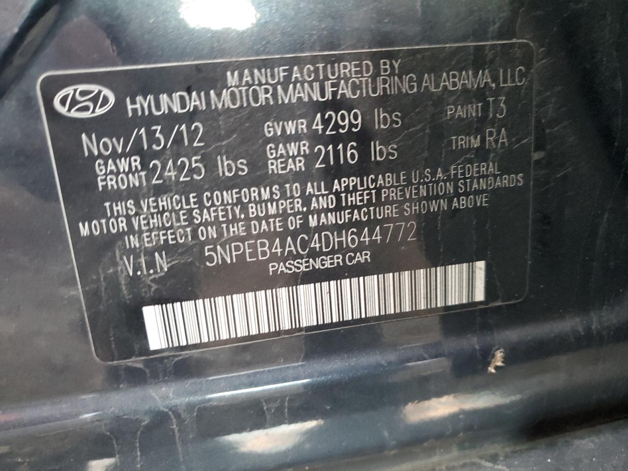2013 Hyundai Sonata VIN 5NPEB4AC4DH644772 Copart auction photo, side / front end damage thumbnail 12