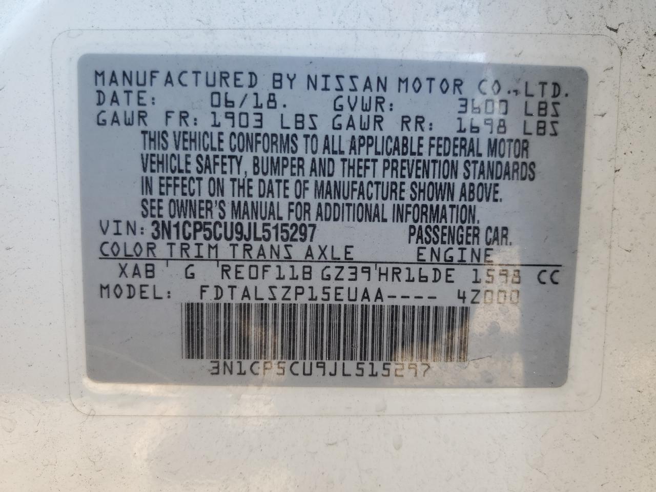 2018 Nissan Kicks VIN 3N1CP5CU9JL515297 Copart auction photo, front end / minor dent/scratches damage thumbnail 13
