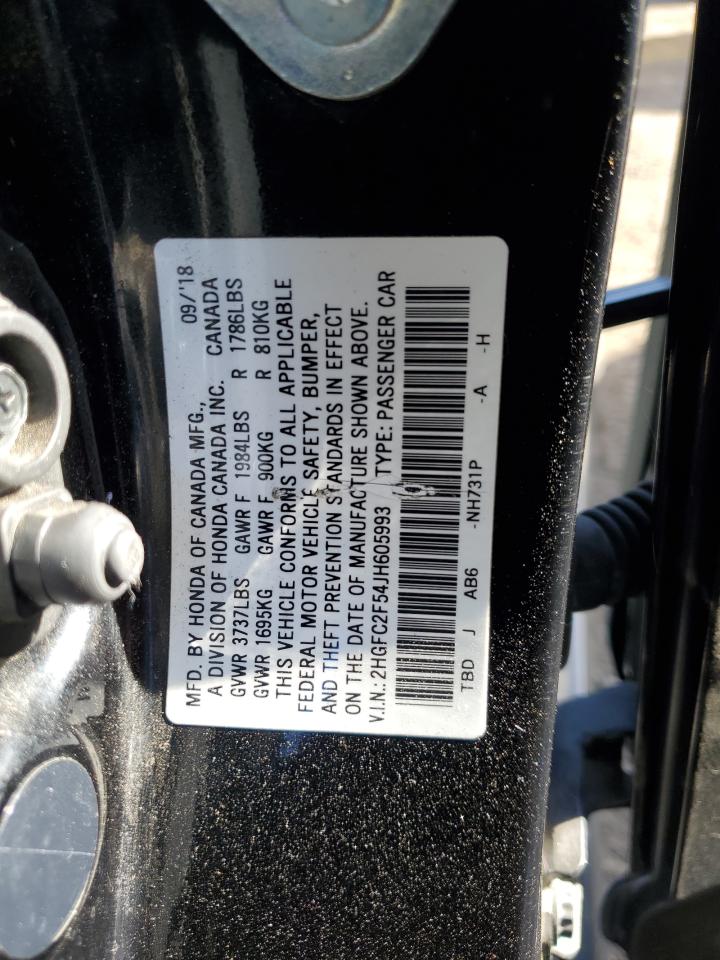 2018 Honda Civic VIN 2HGFC2F54JH605993 Copart auction photo, side / rear end damage thumbnail 12