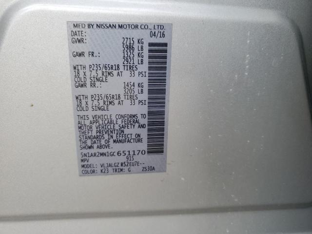 2016 Nissan Pathfinder VIN 5N1AR2MN1GC651170 Copart auction photo, side damage thumbnail 13
