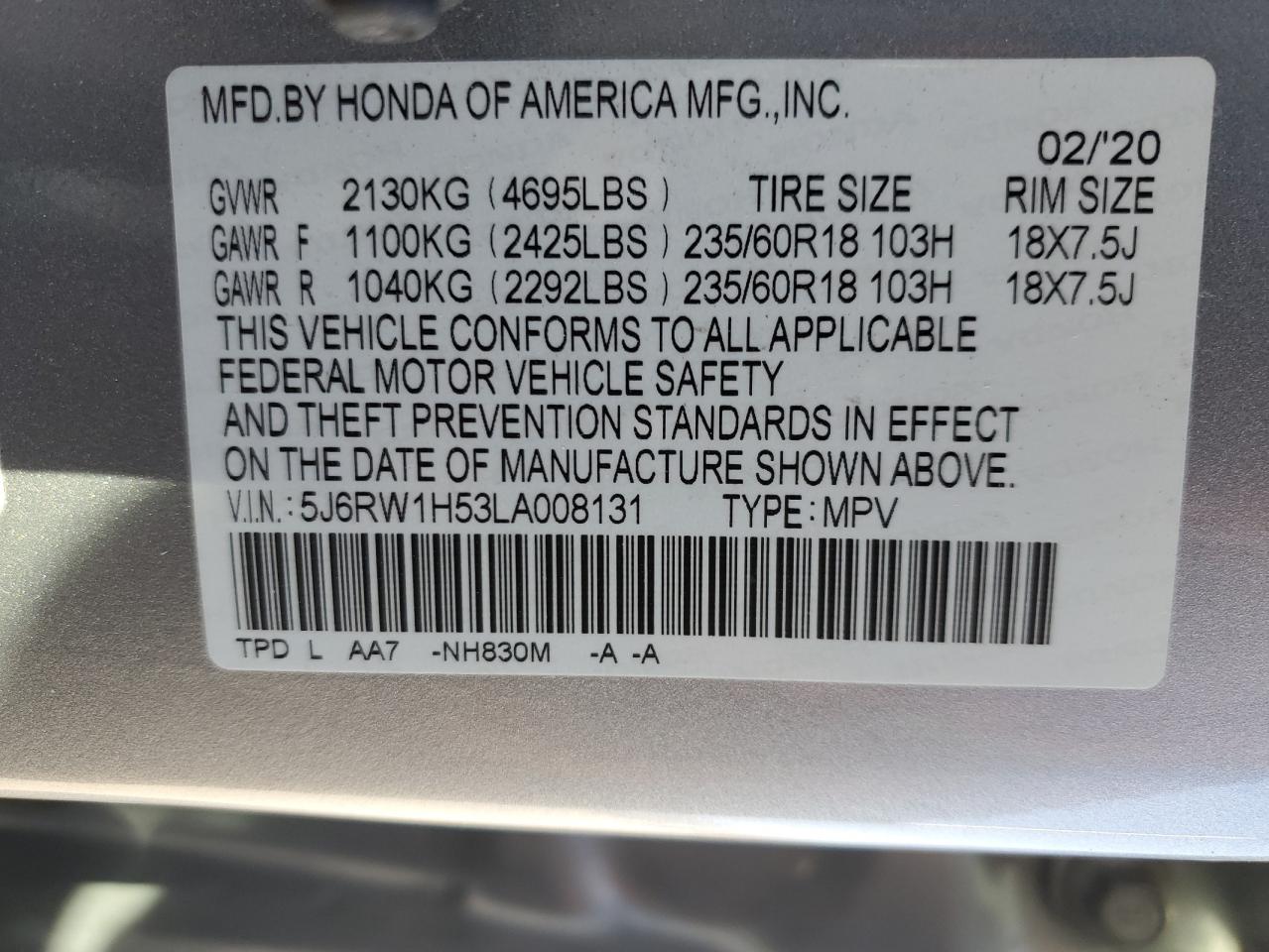 2020 Honda CR-V VIN 5J6RW1H53LA008131 Copart auction photo, side / rear end damage thumbnail 15