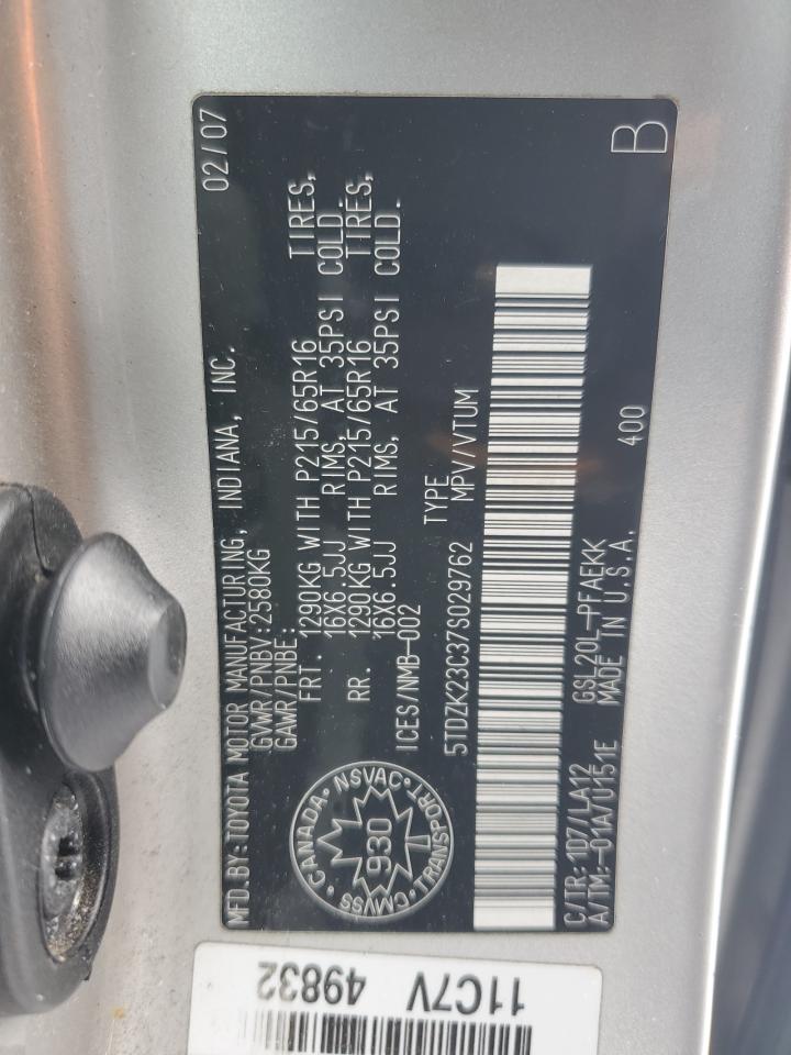 2007 Toyota Sienna VIN 5TDZK23C37S029762 Copart auction photo, all over / minor dent/scratches damage thumbnail 14