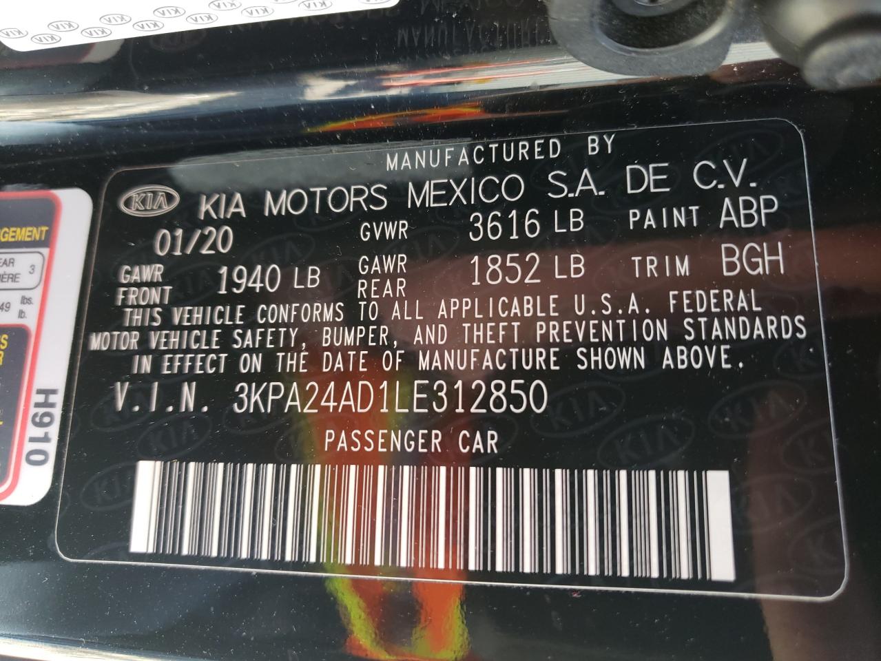 2020 KIA Rio VIN 3KPA24AD1LE312850 Copart auction photo, all over damage thumbnail 12