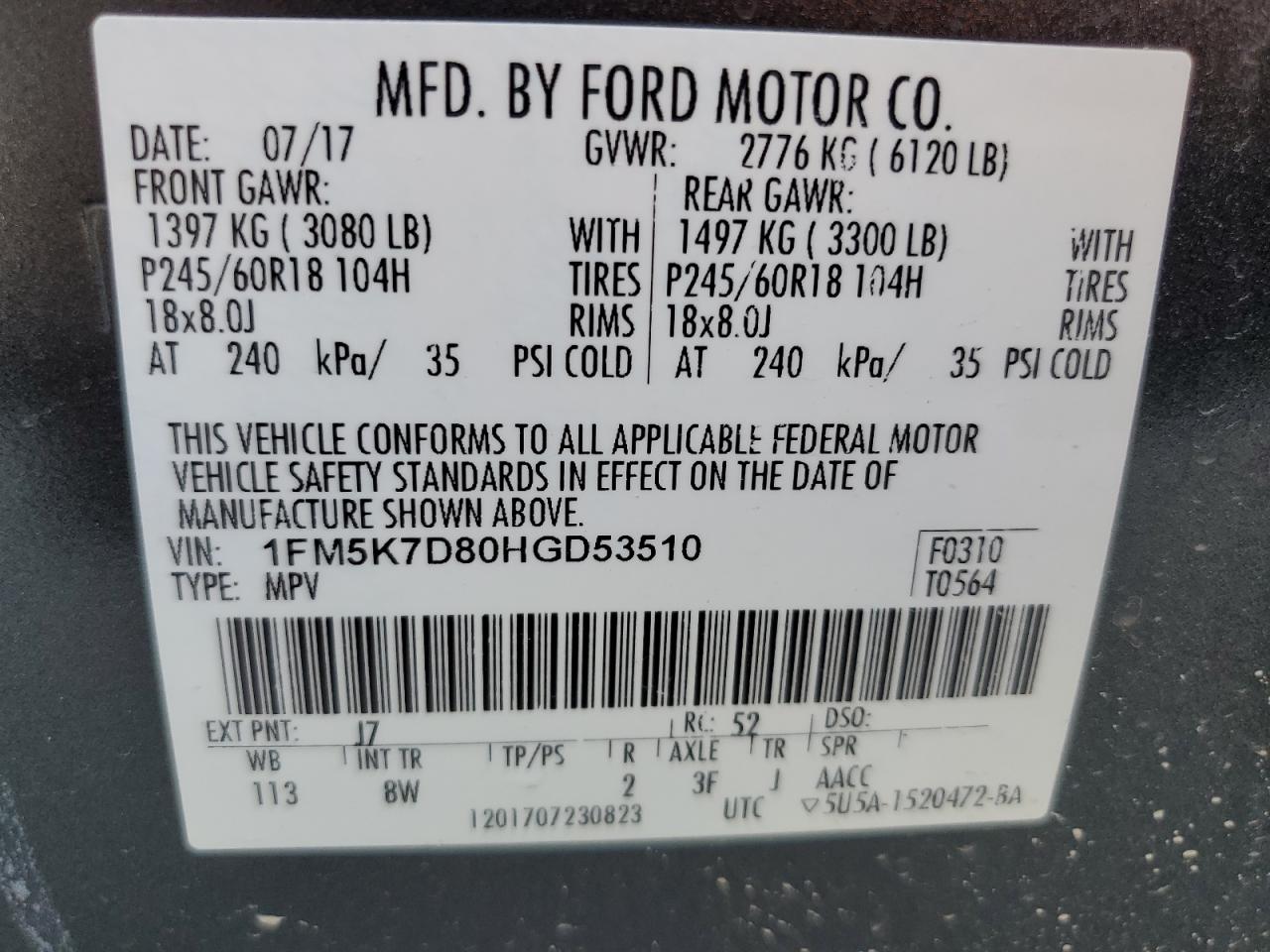 2017 Ford Explorer VIN 1FM5K7D80HGD53510 Copart auction photo, side / rear end damage thumbnail 14