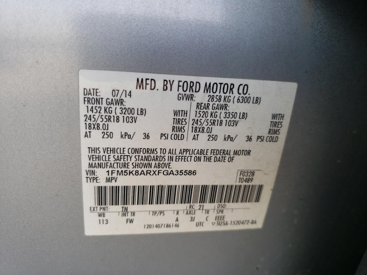 2015 Ford Explorer VIN 1FM5K8ARXFGA35586 Copart auction photo, rear end / front end damage thumbnail 13