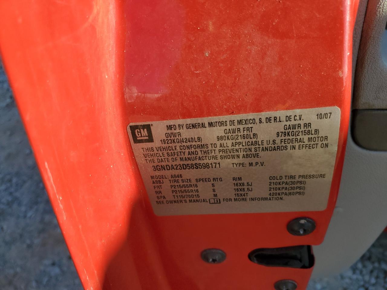 2008 Chevrolet HHR VIN 3GNDA23D58S598171 Copart auction photo, rear end damage thumbnail 12