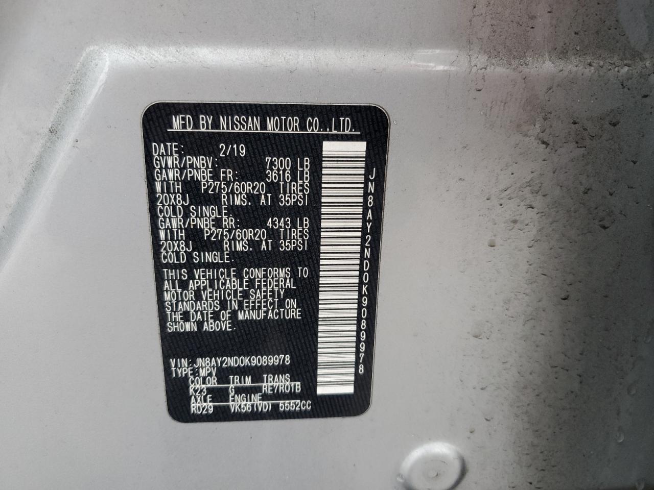 2019 Nissan Armada VIN JN8AY2ND0K9089978 Copart auction photo, side / front end damage thumbnail 13
