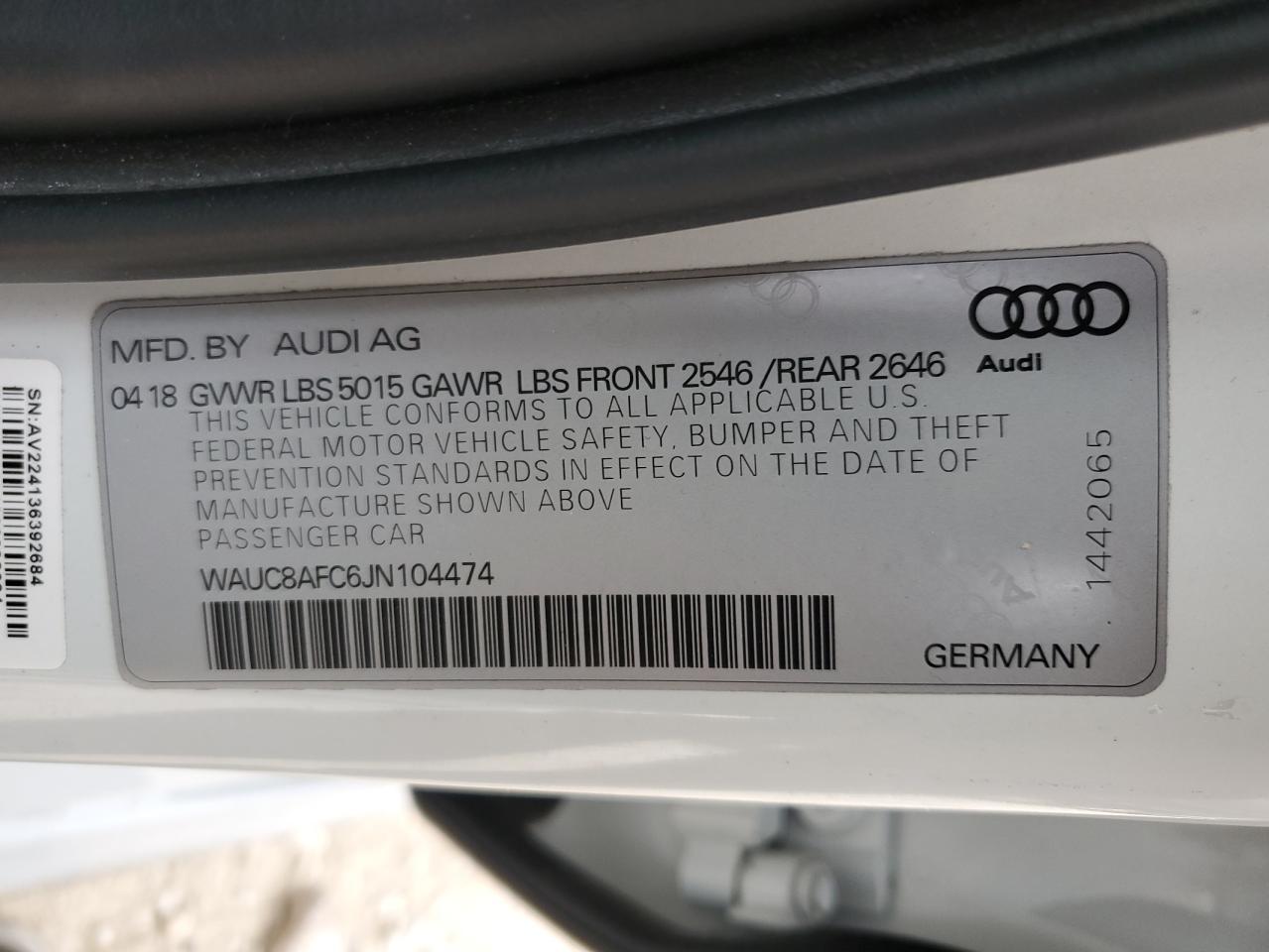 2018 Audi A6 VIN WAUC8AFC6JN104474 Copart auction photo, front end / stripped damage thumbnail 13