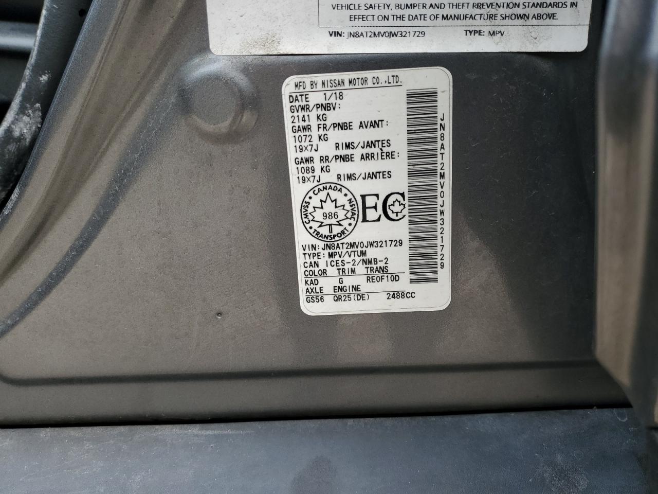 2018 Nissan Rogue VIN JN8AT2MV0JW321729 Copart auction photo, side damage thumbnail 13