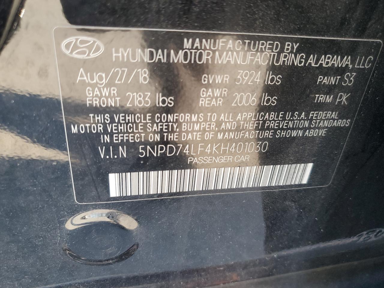 2019 Hyundai Elantra VIN 5NPD74LF4KH401030 Copart auction photo, front end damage thumbnail 12