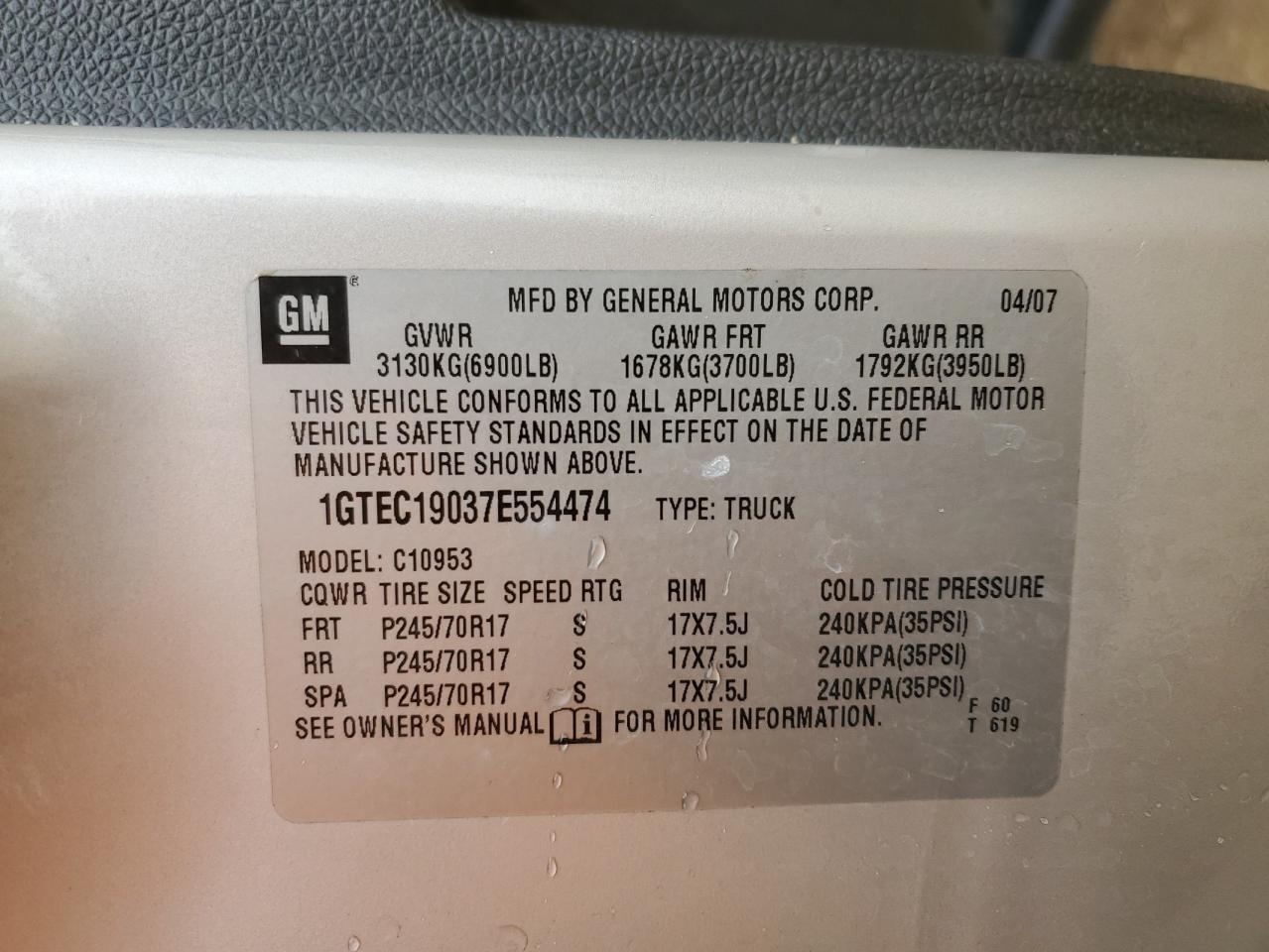2007 GMC Sierra VIN 1GTEC19037E554474 Copart auction photo, undercarriage damage thumbnail 14