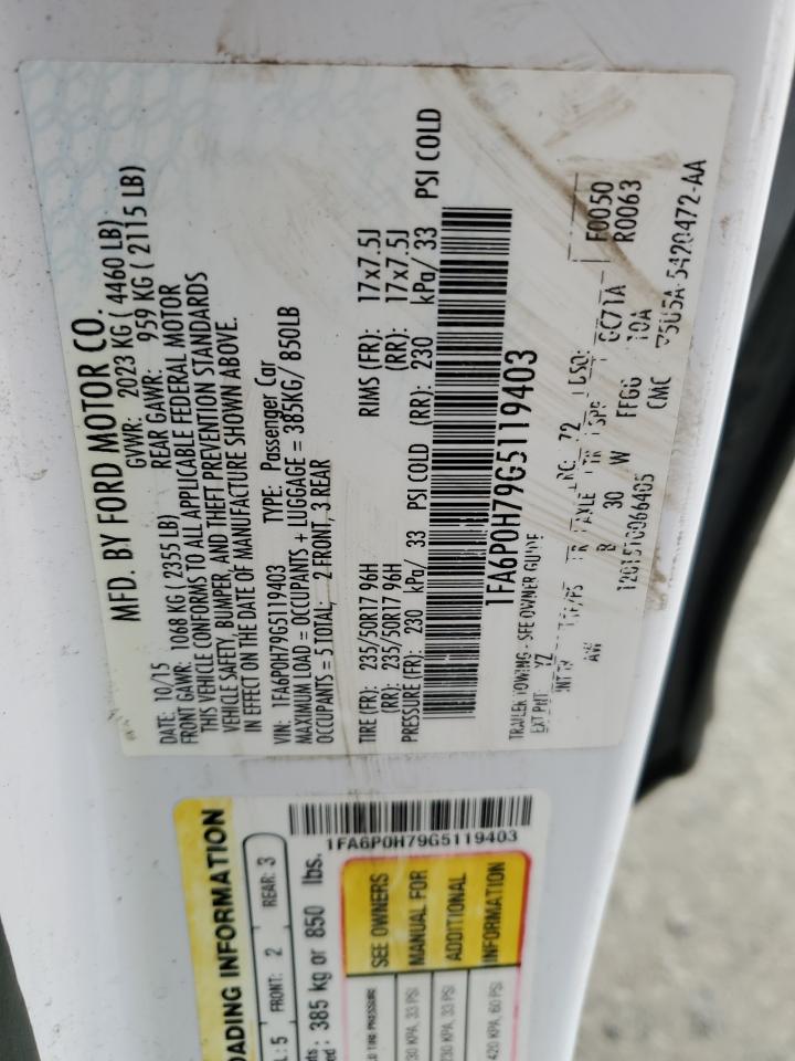 2016 Ford Fusion VIN 1FA6P0H79G5119403 Copart auction photo, rear end / front end damage thumbnail 12
