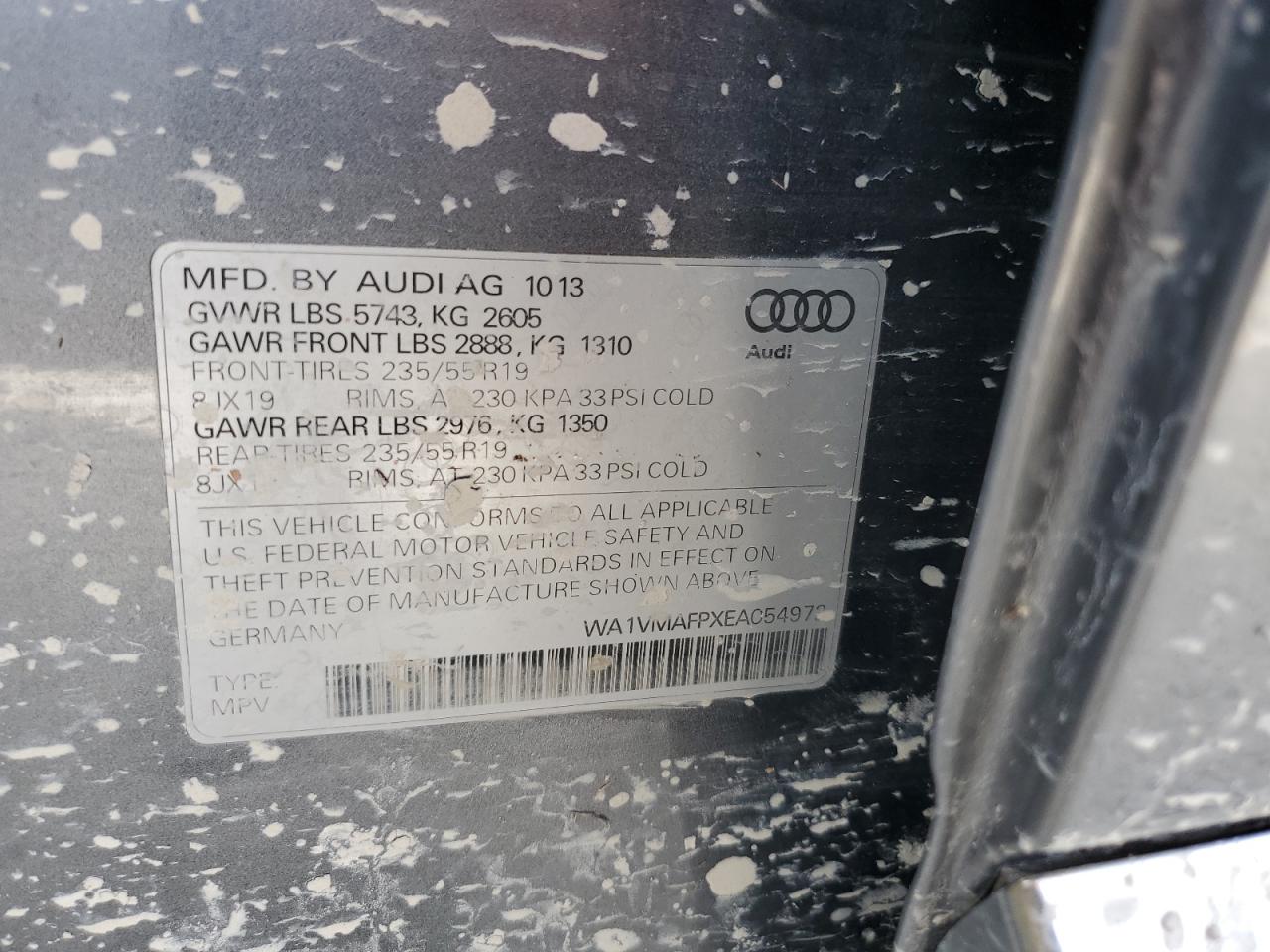 2014 Audi Q5 VIN WA1VMAFPXEA054972 Copart auction photo, water/flood damage thumbnail 13