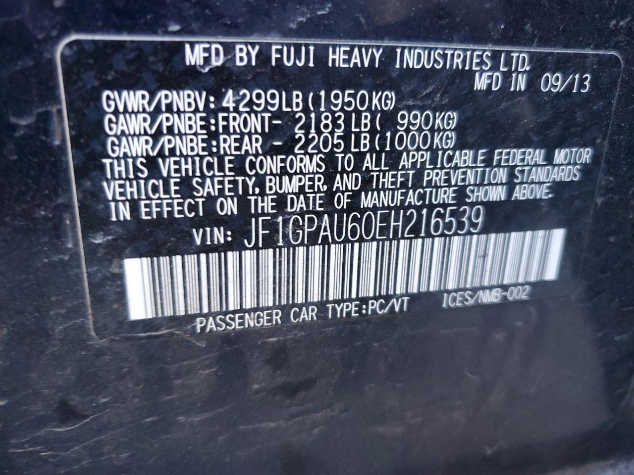 2014 Subaru Impreza VIN JF1GPAU60EH216539 Copart auction photo, front end damage thumbnail 13