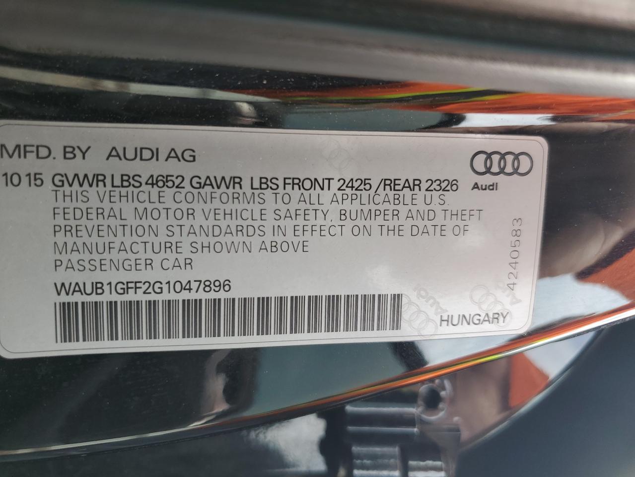 2016 Audi S3 VIN WAUB1GFF2G1047896 Copart auction photo, rear end damage thumbnail 14