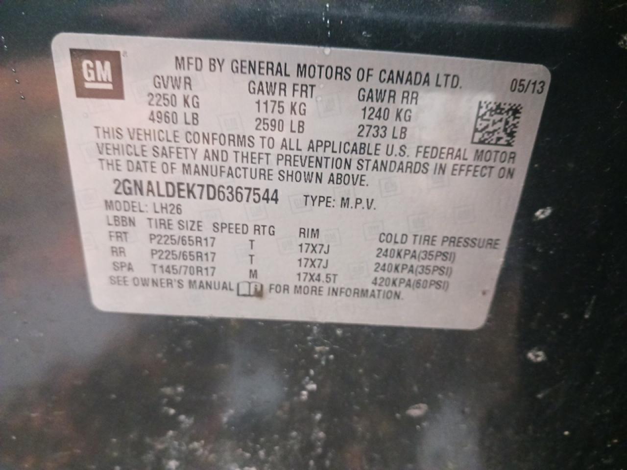 2013 Chevrolet Equinox VIN 2GNALDEK7D6367544 Copart auction photo, front end damage thumbnail 13