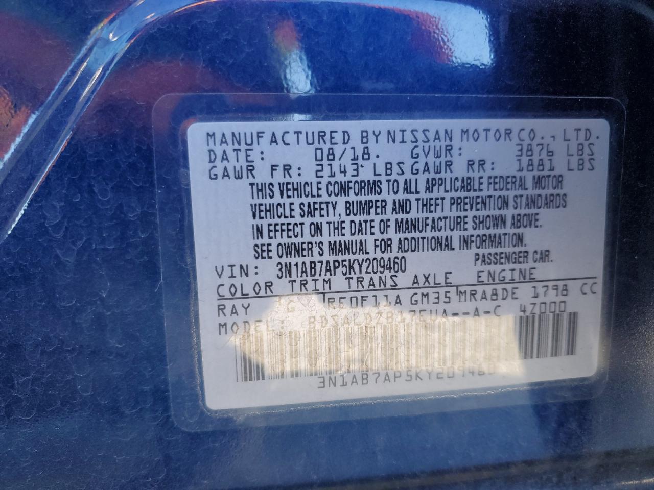 2019 Nissan Sentra VIN 3N1AB7AP5KY209460 Copart auction photo, front end damage thumbnail 13