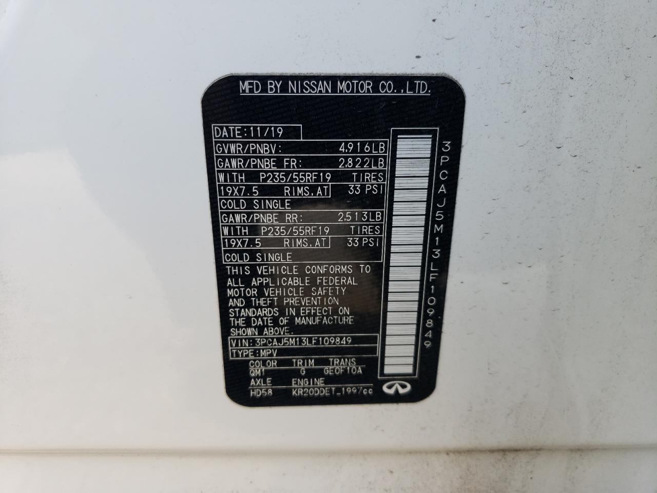 2020 Infiniti QX50 VIN 3PCAJ5M13LF109849 Copart auction photo, front end damage thumbnail 12