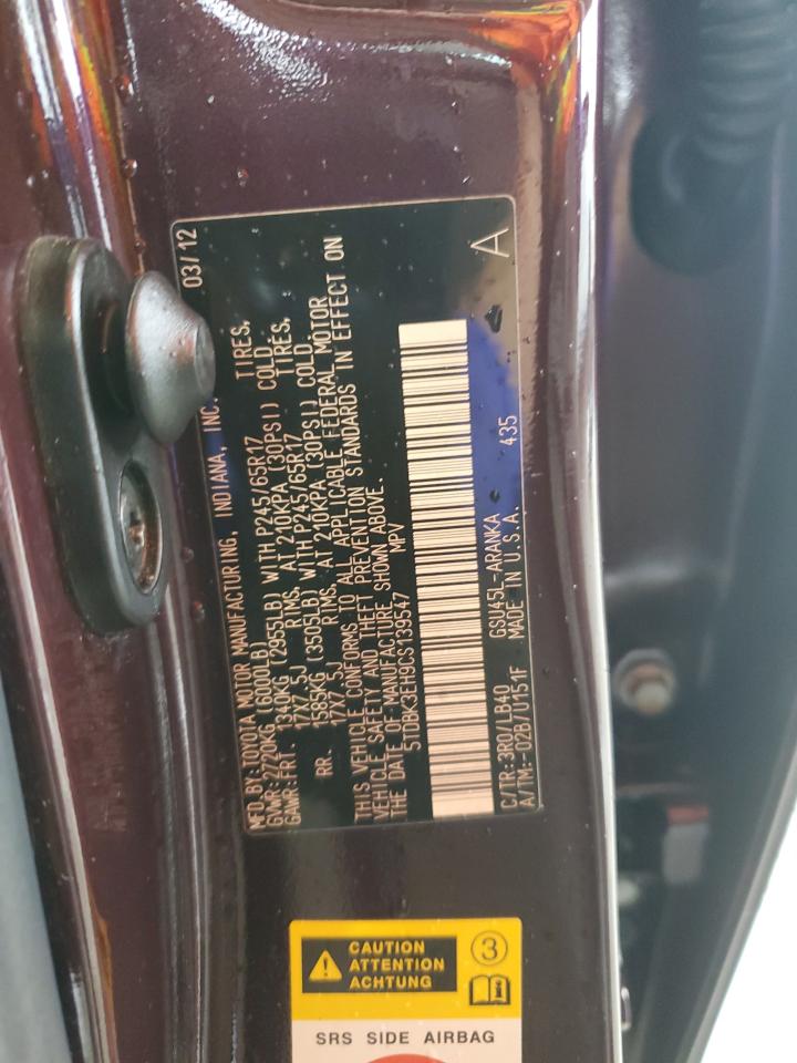 2012 Toyota Highlander VIN 5TDBK3EH9CS139547 Copart auction photo, front end / side damage thumbnail 14