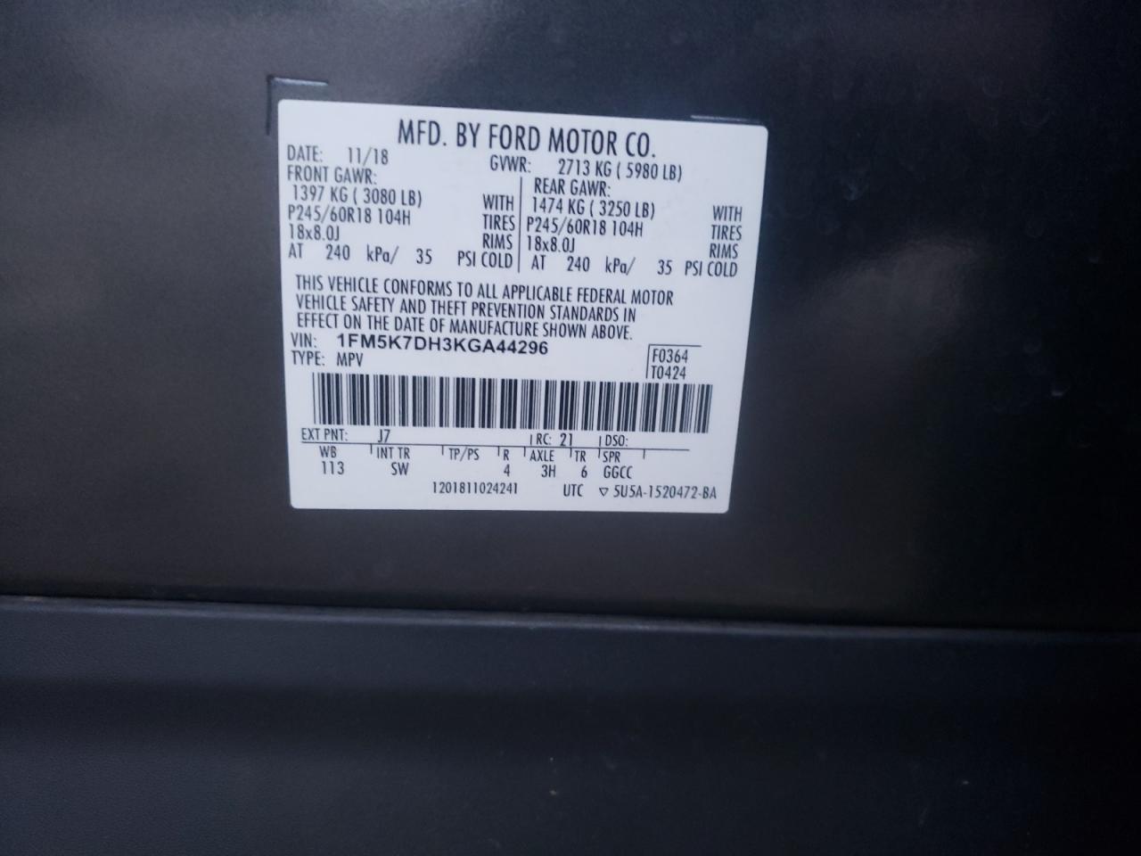 2019 Ford Explorer VIN 1FM5K7DH3KGA44296 Copart auction photo, burn - interior damage thumbnail 12