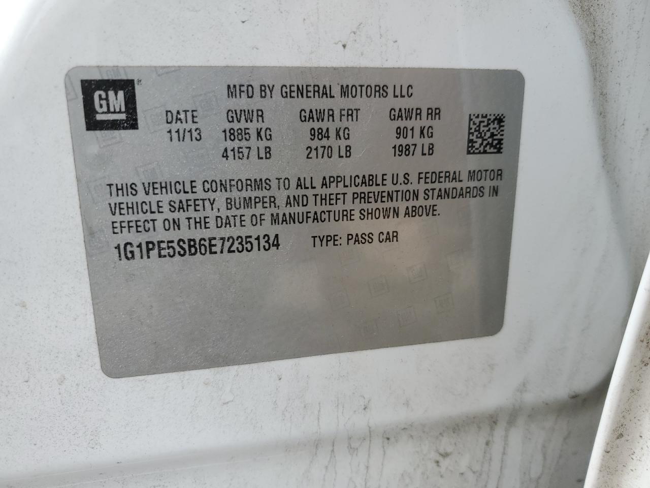 2014 Chevrolet Cruze VIN 1G1PE5SB6E7235134 Copart auction photo, rear end / minor dent/scratches damage thumbnail 12