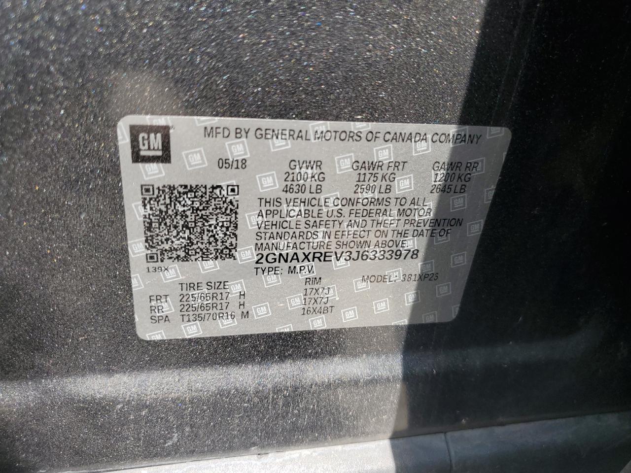 2018 Chevrolet Equinox VIN 2GNAXREV3J6333978 Copart auction photo, rear end / side damage thumbnail 15