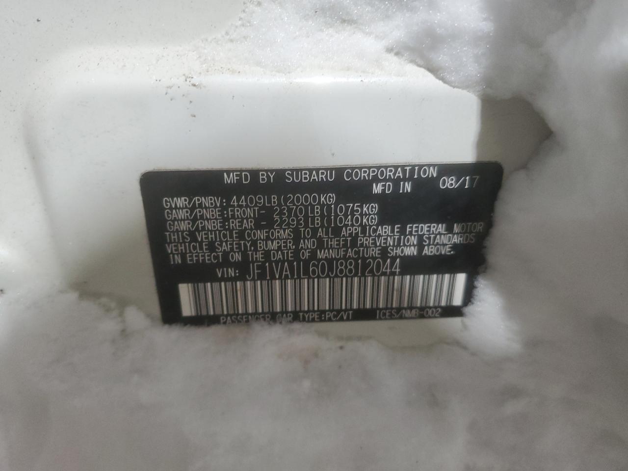 2018 Subaru WRX VIN JF1VA1L60J8812044 Copart auction photo, front end / rear end damage thumbnail 15