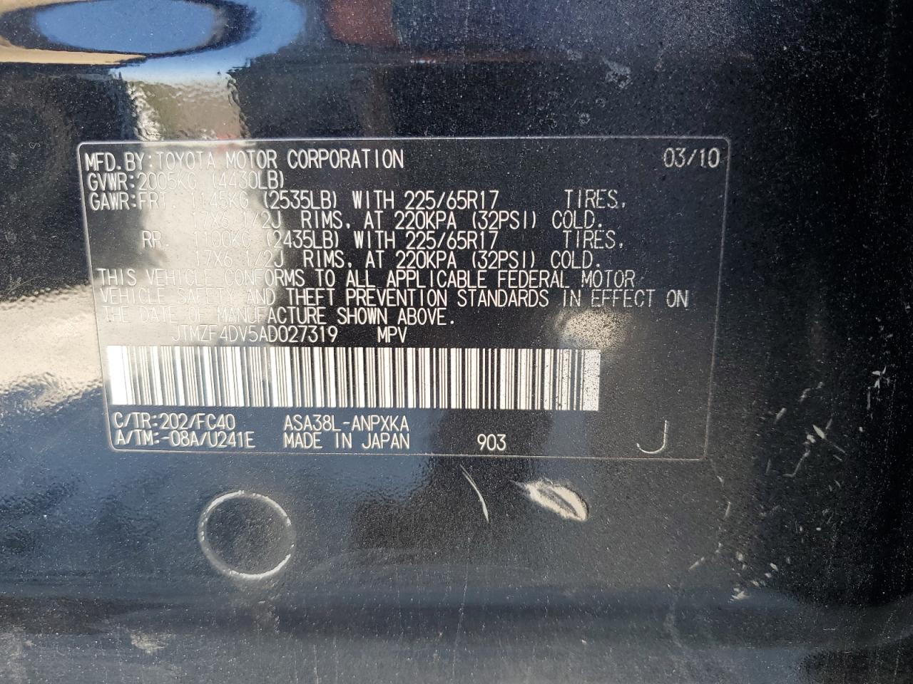 2010 Toyota RAV 4 VIN JTMZF4DV5AD027319 Copart auction photo, front end / minor dent/scratches damage thumbnail 15