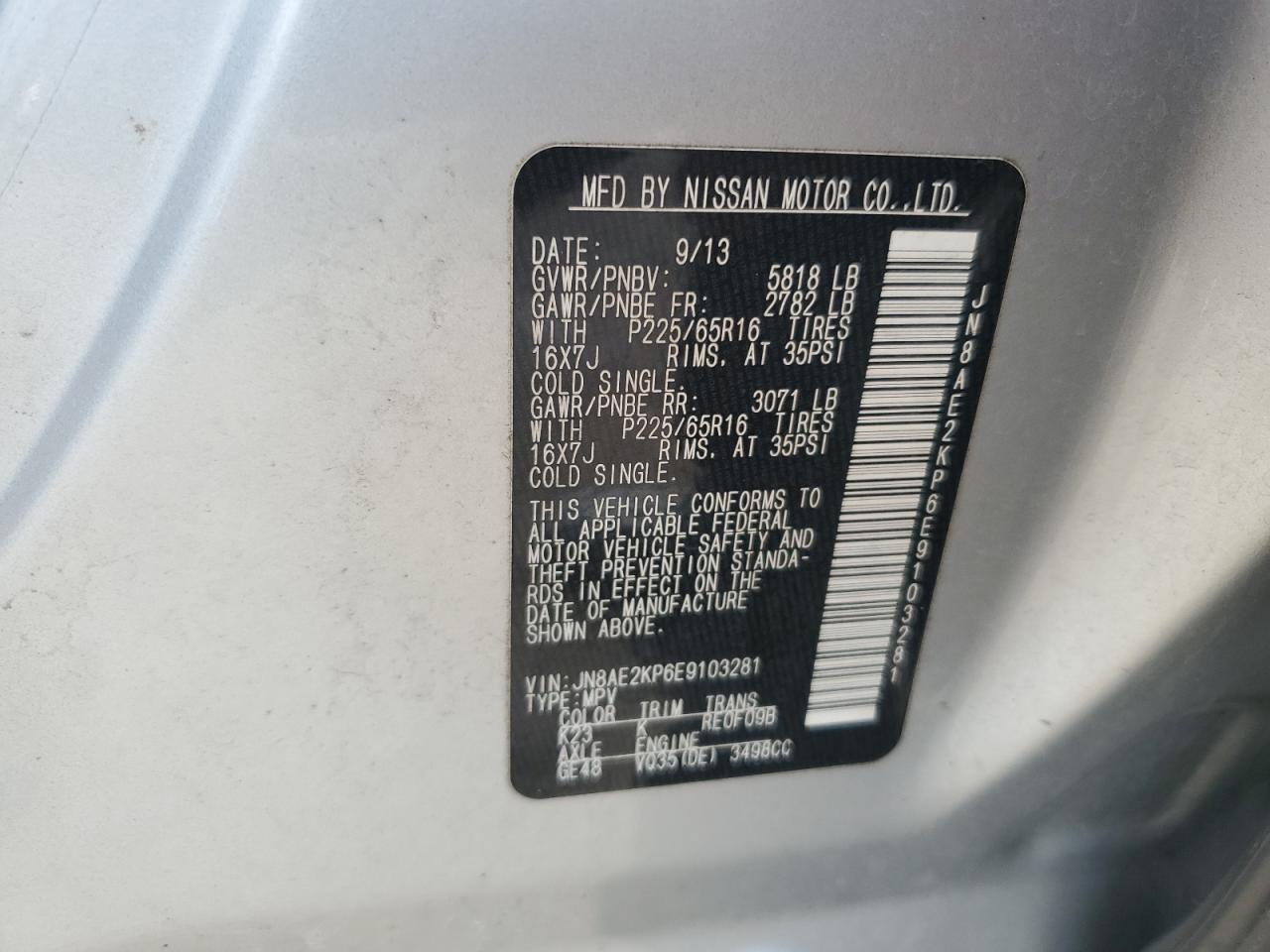 2014 Nissan Quest VIN JN8AE2KP6E9103281 Copart auction photo, front end damage thumbnail 15