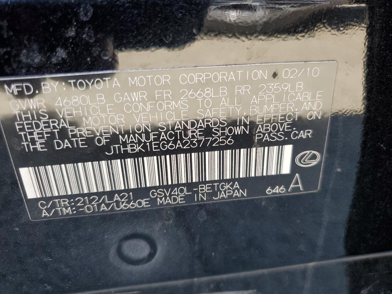 2010 Lexus ES VIN JTHBK1EG6A2377256 Copart auction photo, all over / undercarriage damage thumbnail 12