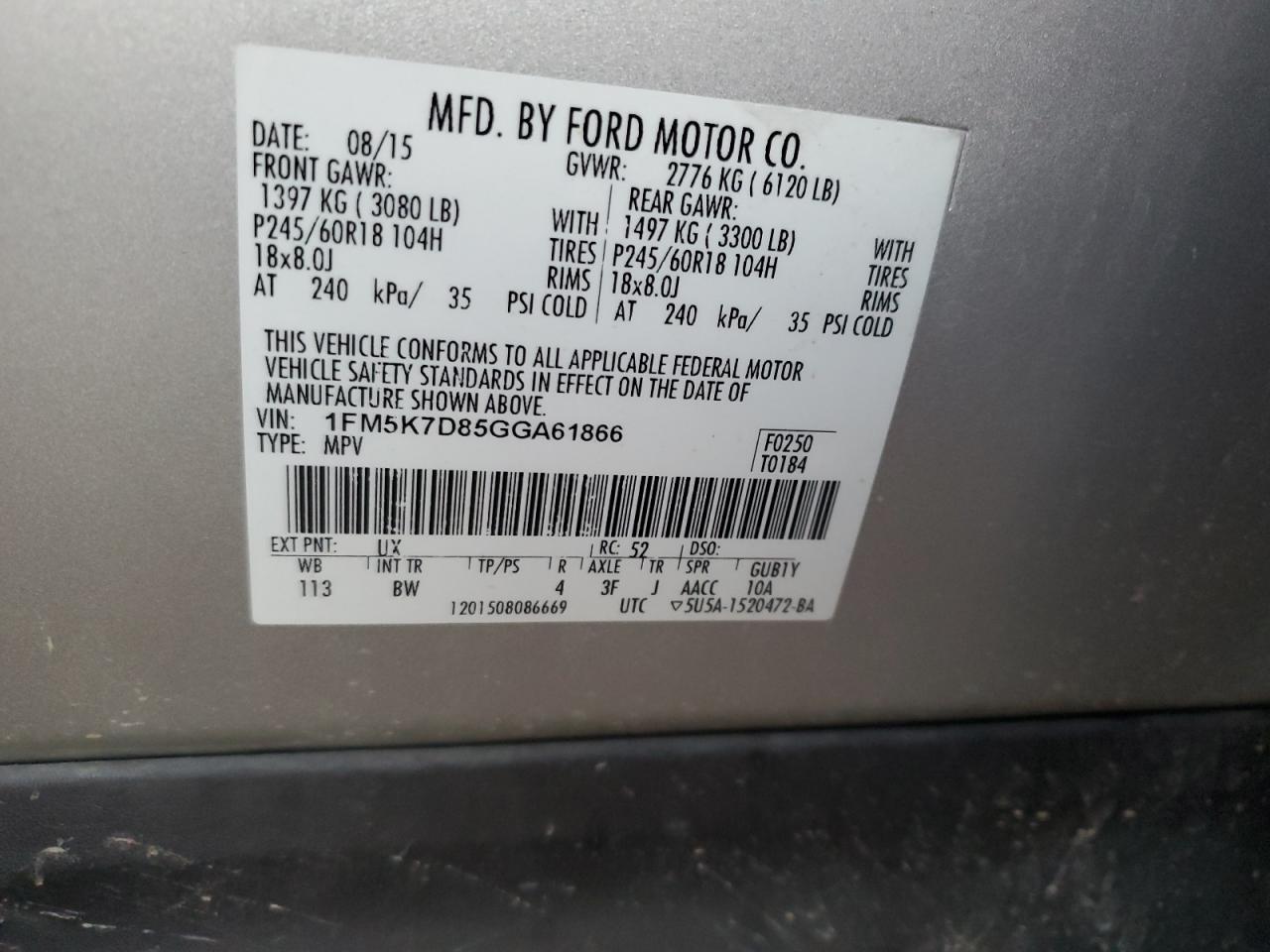 2016 Ford Explorer VIN 1FM5K7D85GGA61866 Copart auction photo, front end damage thumbnail 15