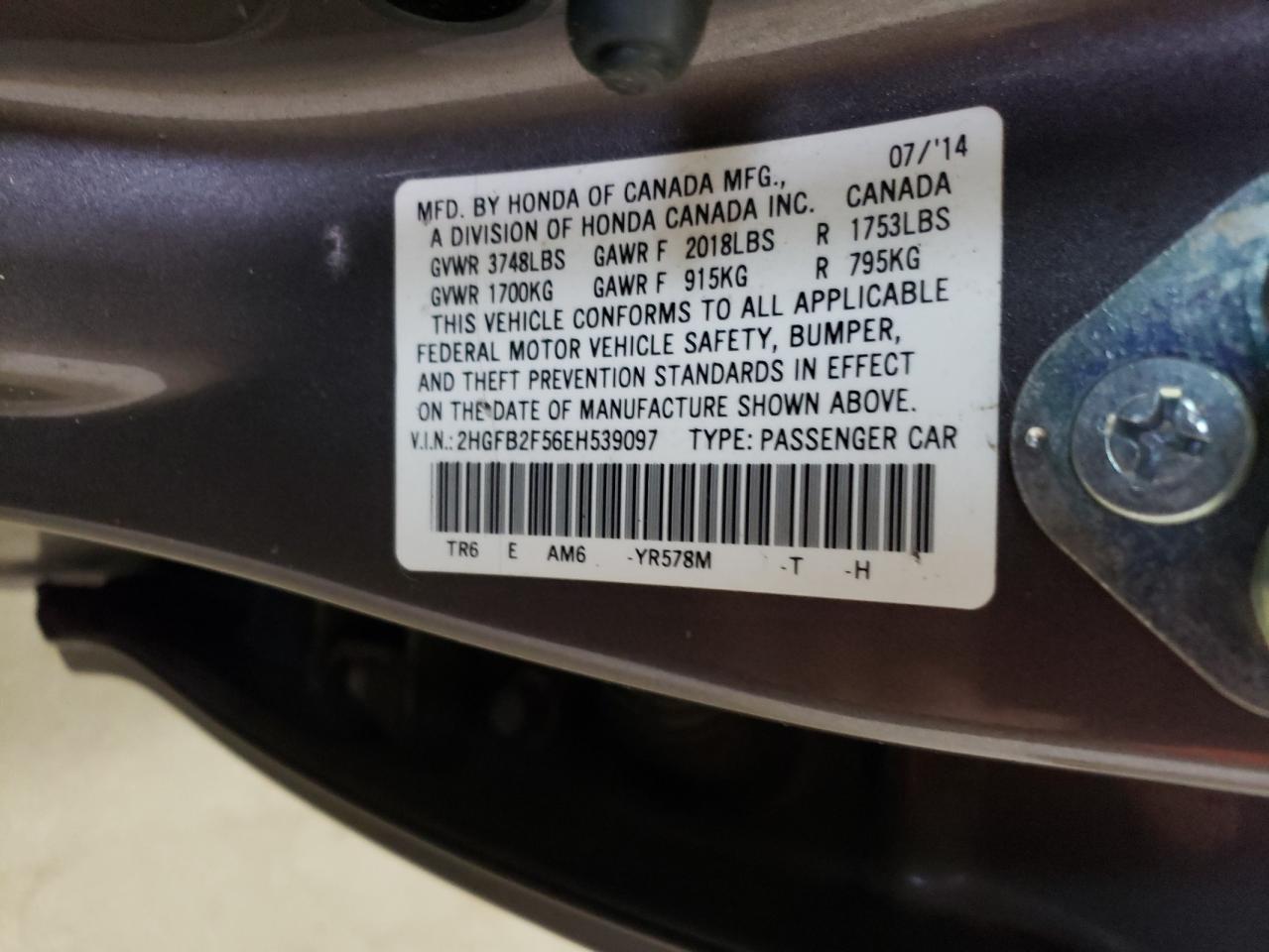 2014 Honda Civic VIN 2HGFB2F56EH539097 Copart auction photo, all over / undercarriage damage thumbnail 12