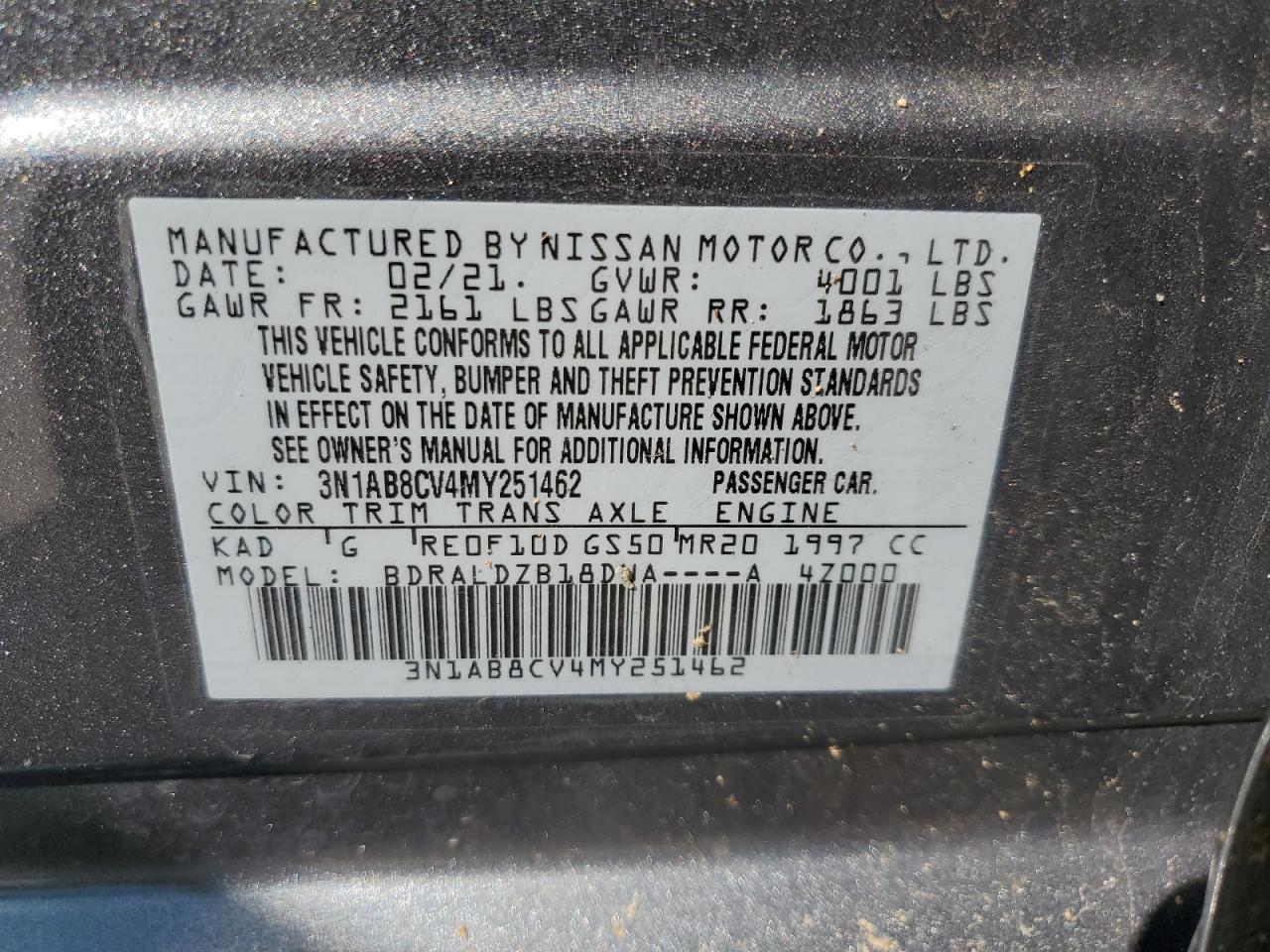 2021 Nissan Sentra VIN 3N1AB8CV4MY251462 Copart auction photo, front end / rear end damage thumbnail 14