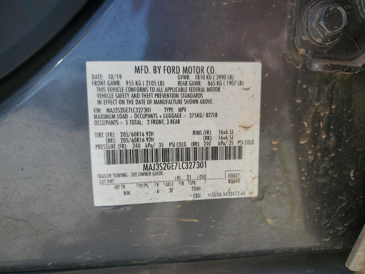 2020 Ford EcoSport VIN MAJ3S2GE7LC327301 Copart auction photo, front end damage thumbnail 16