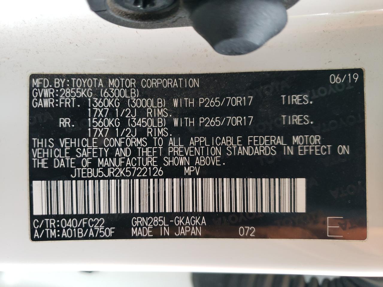 2019 Toyota 4Runner VIN JTEBU5JR2K5722126 Copart auction photo, front end / side damage thumbnail 16