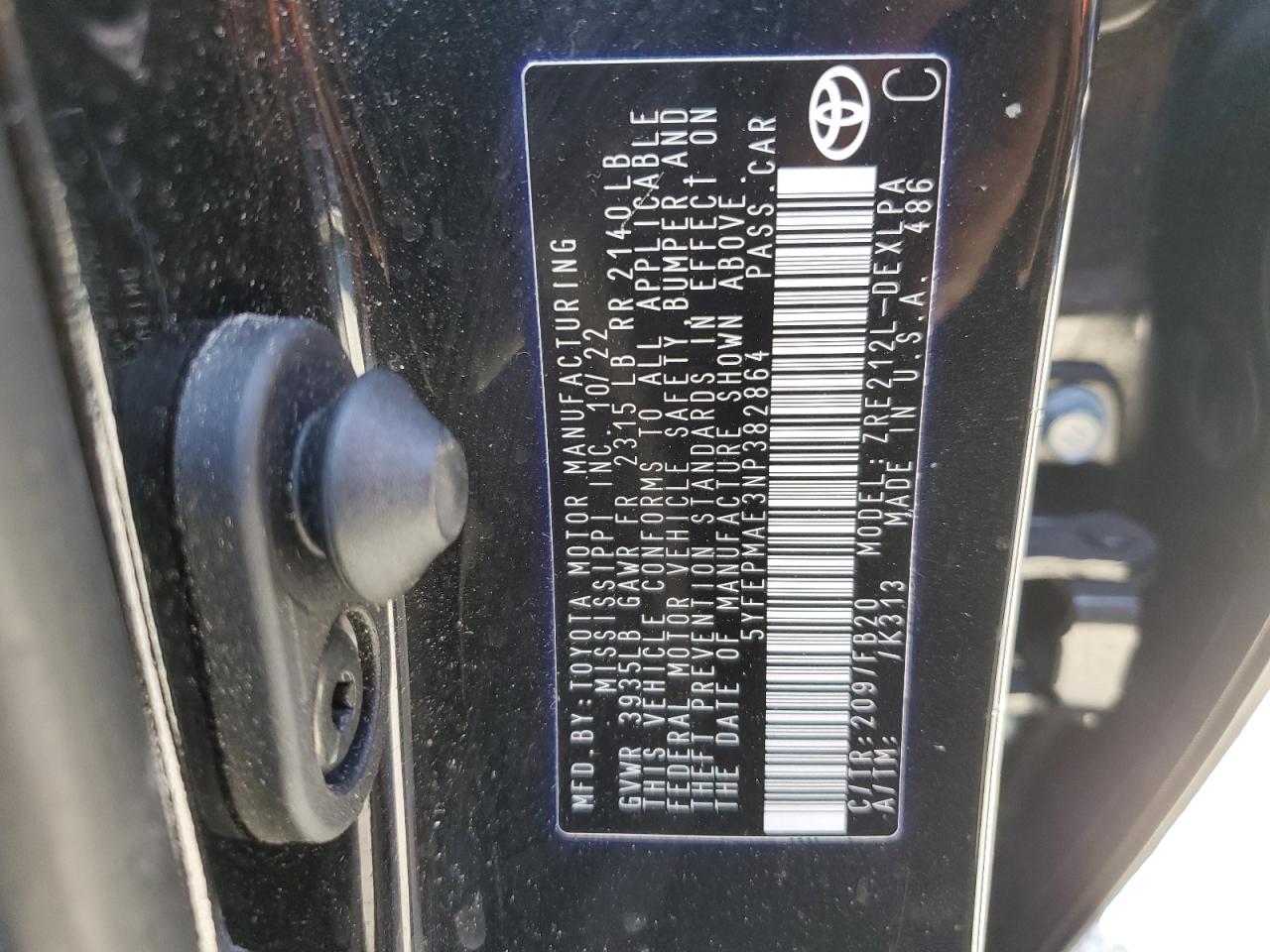 2022 Toyota Corolla VIN 5YFEPMAE3NP382864 Copart auction photo, front end damage thumbnail 15