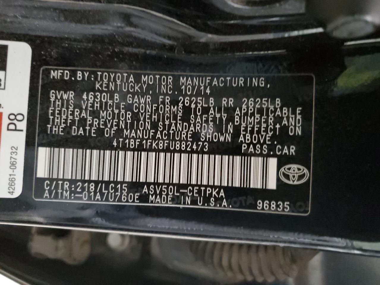 2015 Toyota Camry VIN 4T1BF1FK8FU882473 Copart auction photo, rear end damage thumbnail 13