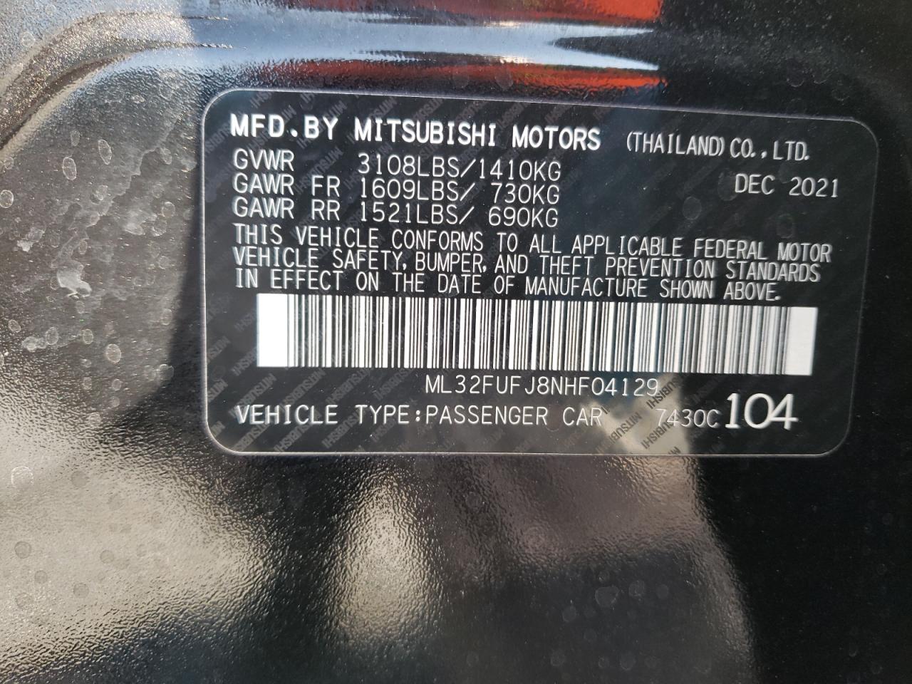 2022 Mitsubishi Mirage VIN ML32FUFJ8NHF04129 Copart auction photo, front end damage thumbnail 14