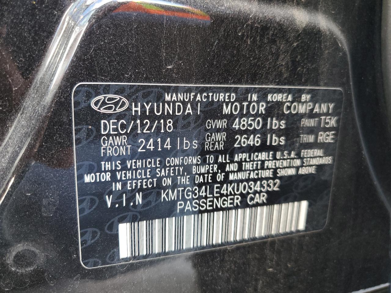 2019 Genesis G70 VIN KMTG34LE4KU034332 Copart auction photo, top/roof / minor dent/scratches damage thumbnail 12