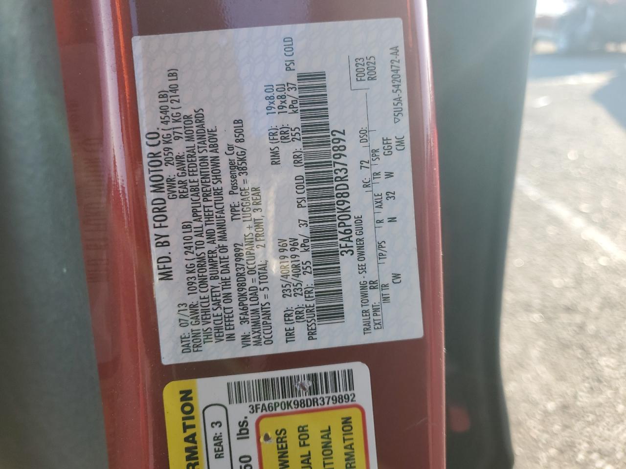 2013 Ford Fusion VIN 3FA6P0K98DR379892 Copart auction photo, side damage thumbnail 12