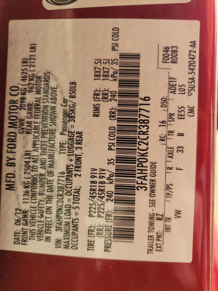 2012 Ford Fusion VIN 3FAHP0KC2CR387716 Copart auction photo, front end damage thumbnail 12