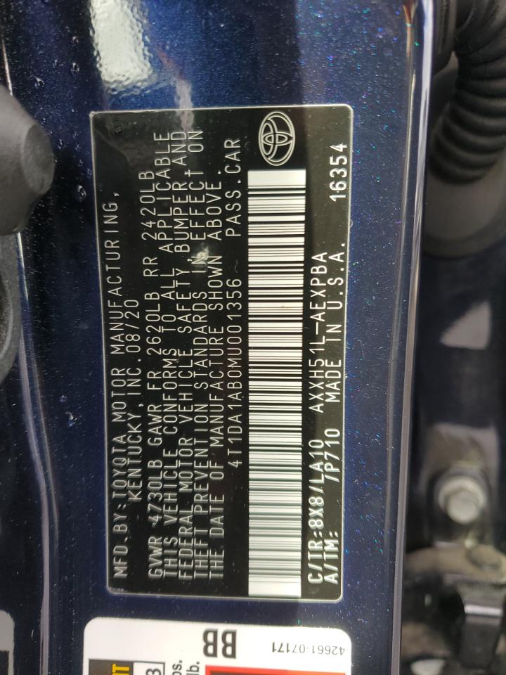 2021 Toyota Avalon VIN 4T1DA1AB0MU001356 Copart auction photo, rear end damage thumbnail 12