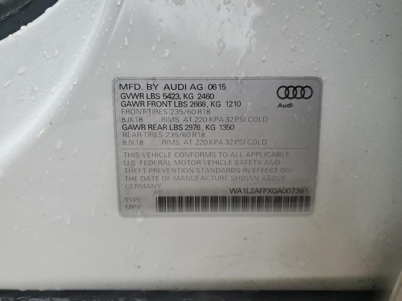 2016 Audi Q5 VIN WA1L2AFPXGA007361 Copart auction photo, mechanical damage thumbnail 13